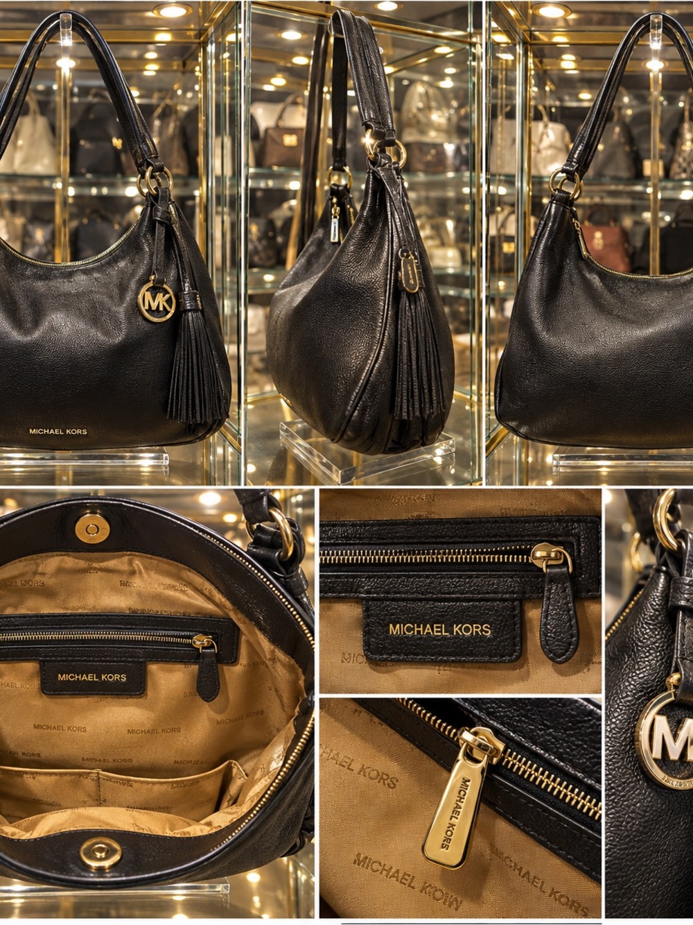 Michael Kors Black Pebbled Leather Hobo Shoulder Bag Gold Hardware MK Charm
